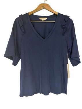 NWT 78&Sunny Indio Short Sleeve Ruffle Tee size Small Navy Blue V-Neck Top